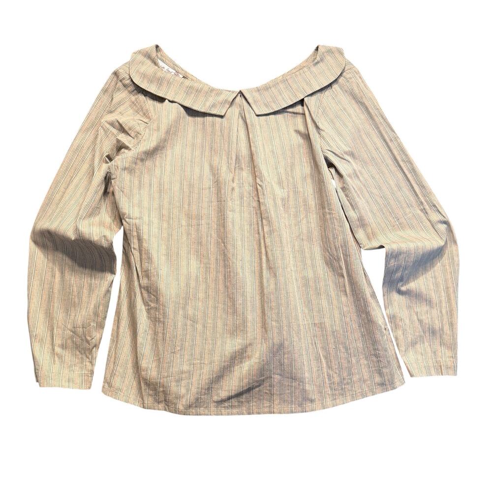 Charlotte Ford Johndel Striped Cotton Blouse‎ Neutral Earthy Sailor Collar Top
